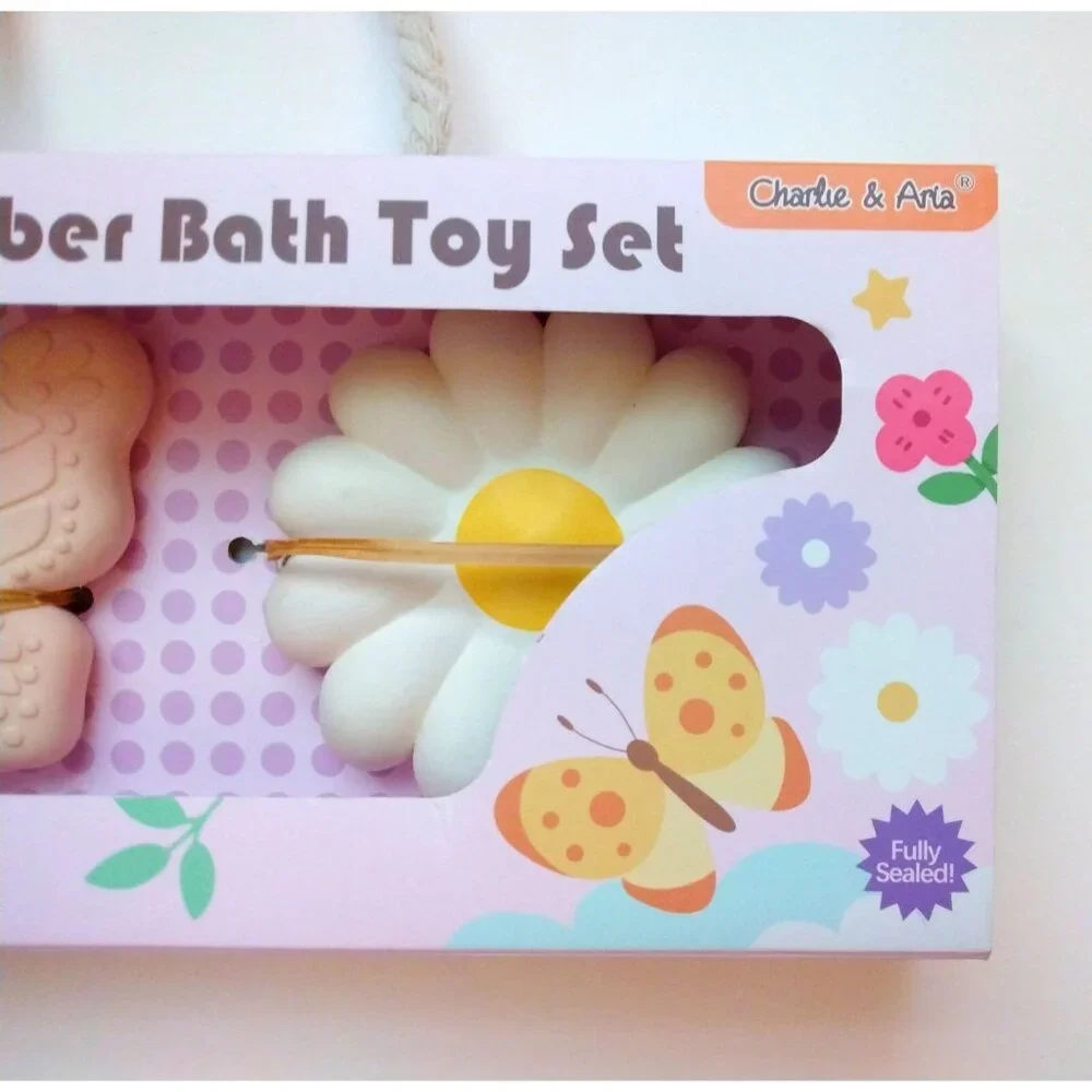 Natural Rubber Bath Toy Play Set Butterfly Flower Fully Sealed by Charlie & Aria